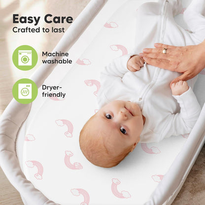 2-Pack Organic Bassinet Sheets for Girls, Boys - 100% Cotton Bassinet Mattress Sheets Compatible with Halo Bassinest Swivel Sleeper, Graco, Baby Delight, Chicco, Unisex Fitted Bassinet Sheets (Elly)