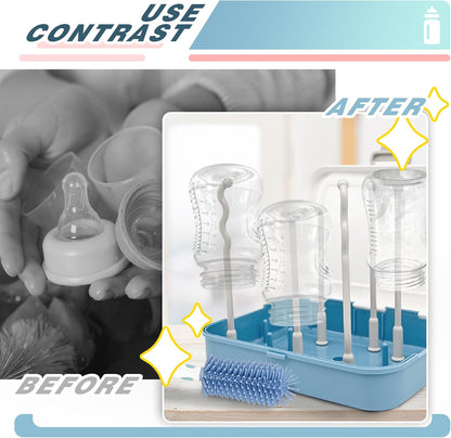 Baby Bottle Brush Set, Baby Bottle Cleaner Kit with Silicone Brush, Nipple Brush, Straw Brush, Soap Dispenser, Bottle Drying Rack, Storage Box, 7 in 1 Bottle Cleaning Tool for Home and Travel