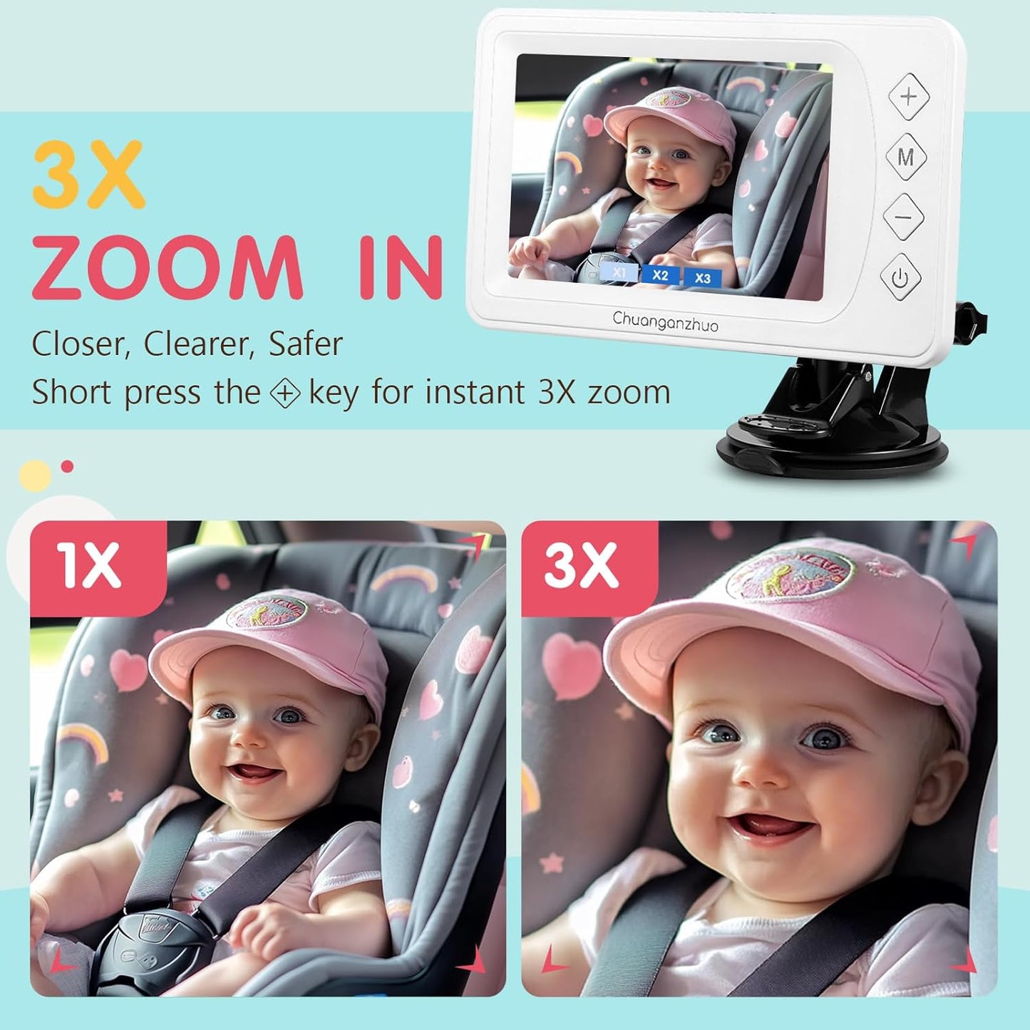 Baby Car Camera USB with No.1 Clarity, 5'' HD 1080P IPS Baby Car Monitor with 3X Zoom, Backseat/Carseat/Rear Seat Camera with Ultra Night Vision, Easy No-Damage Install, S100P(5inch Black)