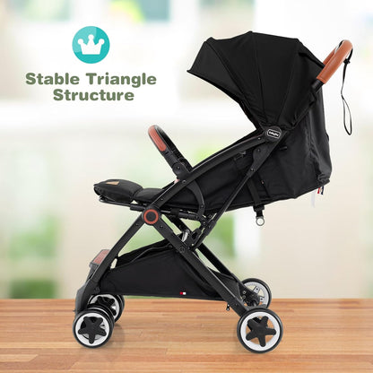 HOMGX Lightweight Baby Stroller, Compact Travel Stroller w/Ergonomic Seat, Spacious Basket, Adjustable Backrest, Oversized Canopy, Infant & Toddler Umbrella Stroller for Airplane, Travel (Black)
