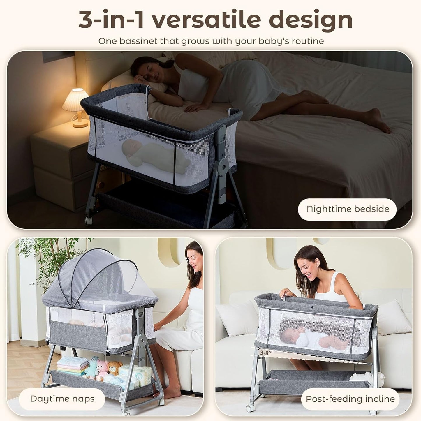 3-in-1 Baby Bassinet Bedside Sleeper with Wheels Bedside Bassinet for Newborn and Infant with Mattress and Storage Basket | Adjustable Height & Angle (13.5-18") | ASTM/CPSIA Certified (Pink)