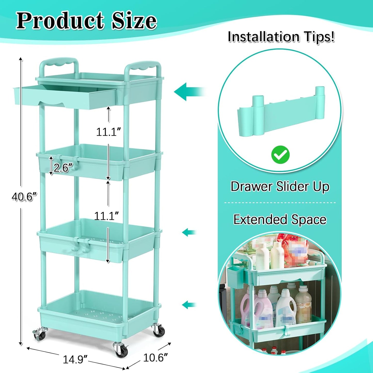 SUNALLY 3 Tier Rolling Cart with Drawer, Bathroom Storage Organizer with 2 Lockable Wheels, Multifunctional Rolling Storage Cart for Bathroom, Kitchen, Office, Craft, Makeup, Baby Essentials, White