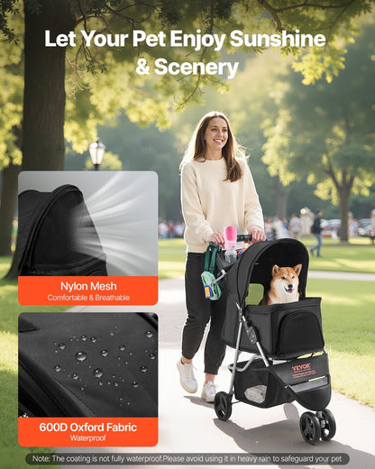 VEVOR Pet Stroller, 44 lbs Weight Capacity, Foldable Dog Cart, 4 Wheels Cats Stroller with Mesh Windows & Revrsible Handle, Portable Pet Carrier with Brake, for Small to Medium Pets
