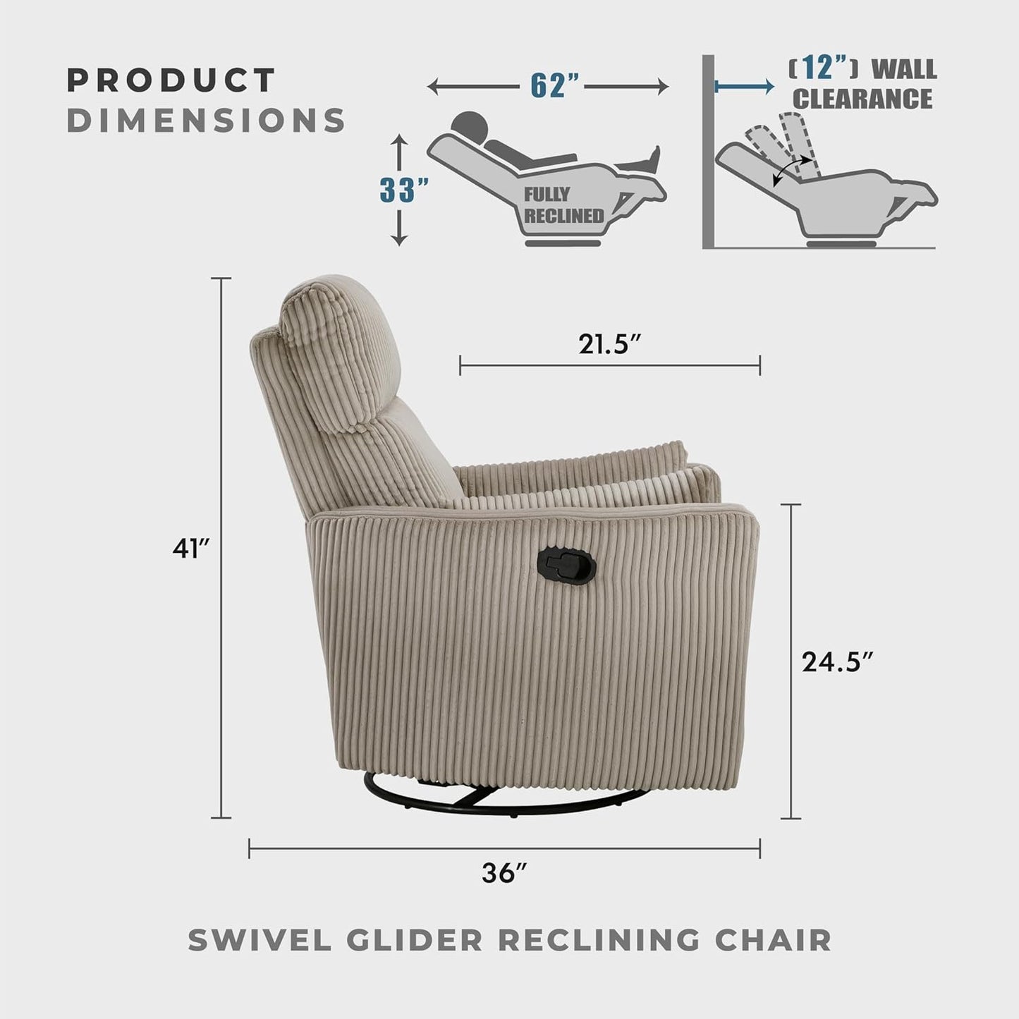 Lexicon Modern Swivel Glider Recliner Chair, Nursery Glider, Corduroy Fabric Upholstery Recliner with 2 Lumbar Pillows, Manual Reclining Sofa Chair for Living Room/Office/Apartment, Beige