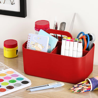 Multiuse Caddy Organizer with Handle, Portable Divided Plastic Tote Bin - Art Craft, Stationary Pen Marker Crayons, Makeup Hair Supplies Storage - Bathroom, Classroom, Dorm, Office, Desk Holder - Pink