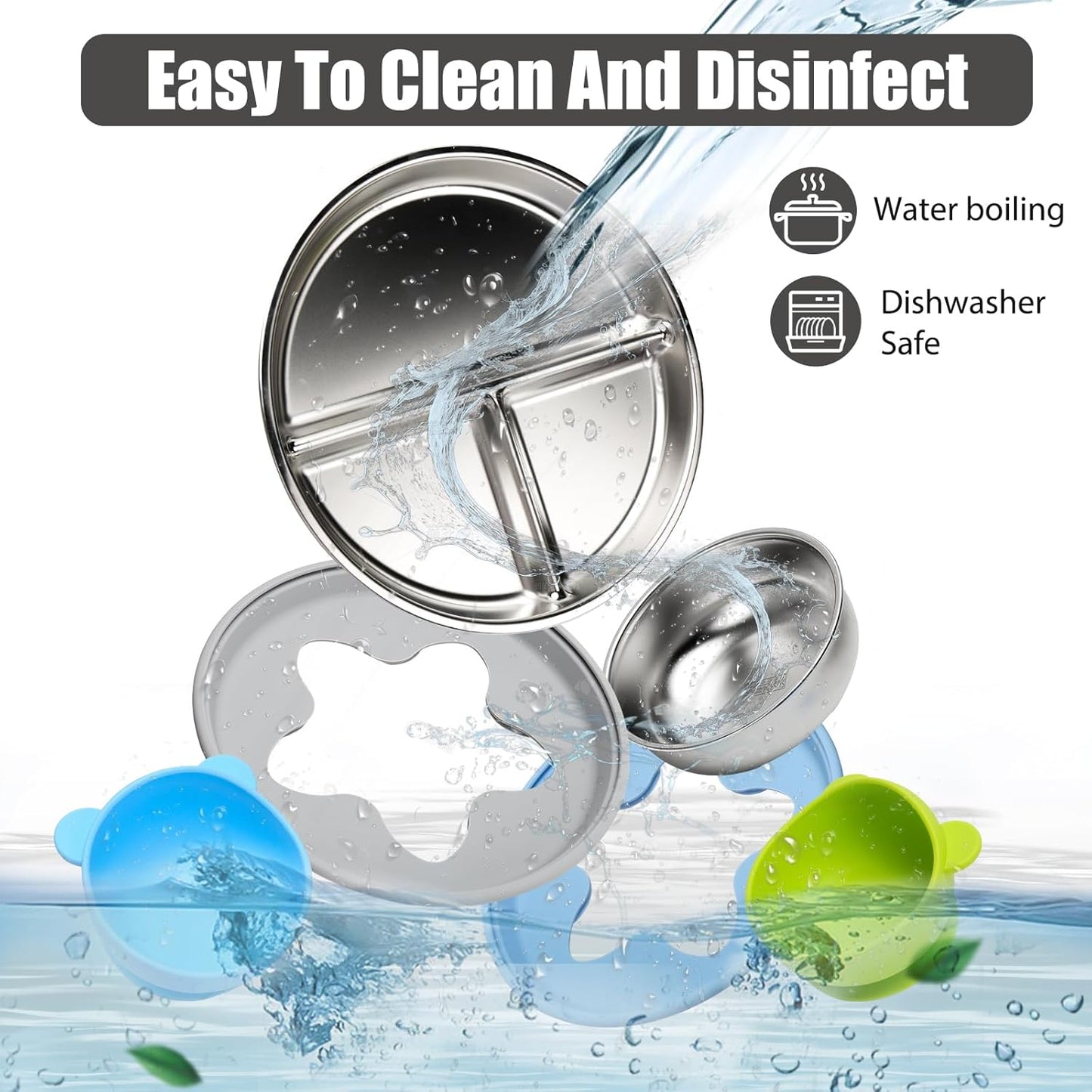 MISSLILI Stainless Steel Baby Plate and Bowls with Suction, Divided Kids Baby Plate and Toddler Bowl with Removable Silicone Suction, Non-Slip Baby Feeding Set Dishwasher Safe，4 Packs