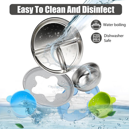 MISSLILI Stainless Steel Baby Plate and Bowls with Suction, Divided Kids Baby Plate and Toddler Bowl with Removable Silicone Suction, Non-Slip Baby Feeding Set Dishwasher Safe，4 Packs