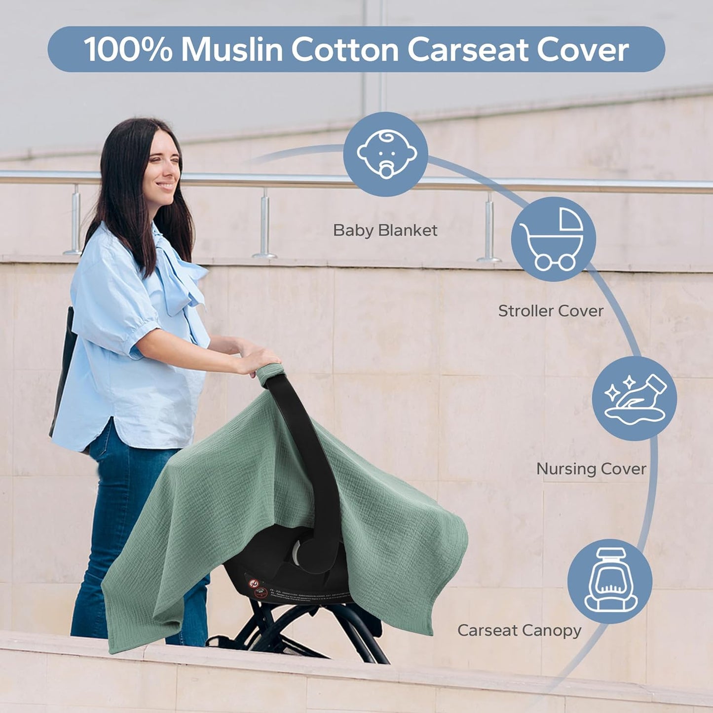 SERAPHY 2-in-1 Muslin Baby Car Seat Cover & Nursing Cover, Soft Lightweight Breastfeeding Cover for Boys and Girls,Breathable Canopy for Infant Carseat & Stroller for Summer—Blueberrie