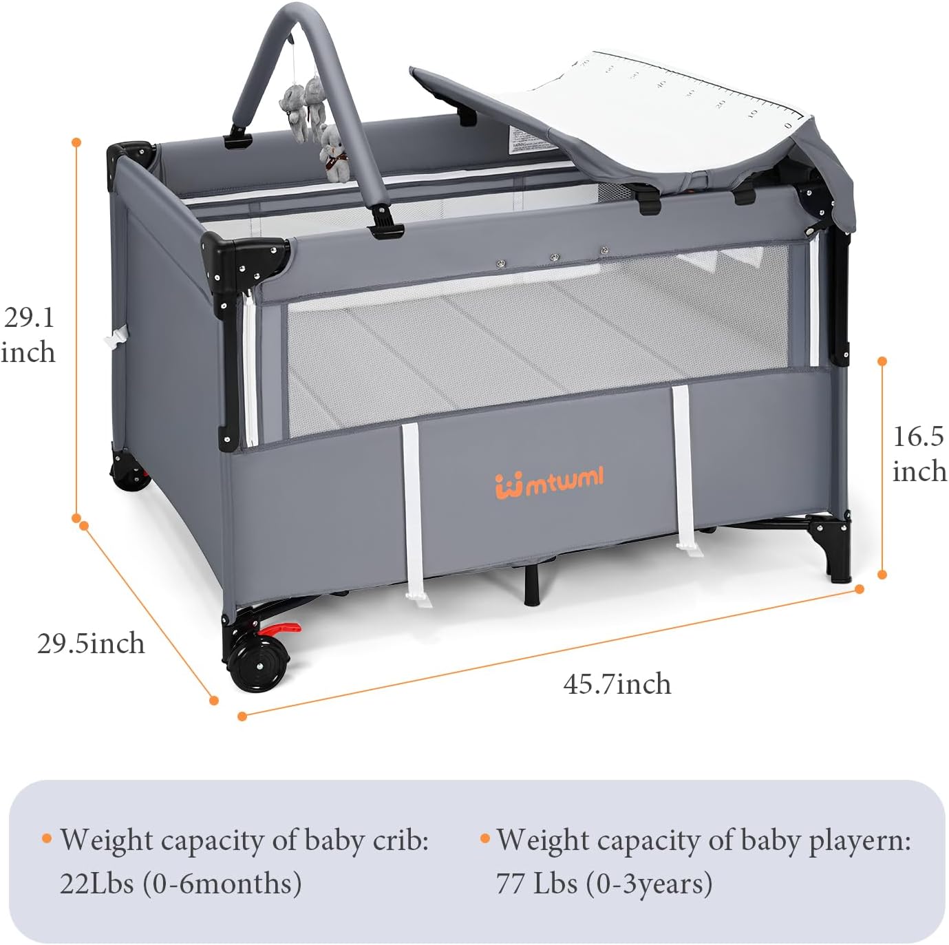 MTWML Portable Baby Bassinet,3 in1 Bedside Crib and Baby Playard & Changing Table with Wheel,1-Second Setup Foldable Playpen with Travel Bag Mosquito Net for Newborn Toddler (DeepGrey)