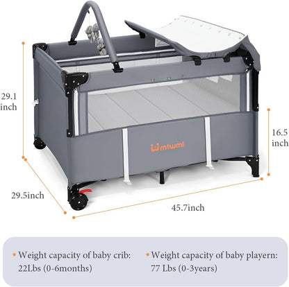 MTWML Portable Baby Bassinet,3 in1 Bedside Crib and Baby Playard & Changing Table with Wheel,1-Second Setup Foldable Playpen with Travel Bag Mosquito Net for Newborn Toddler (DeepGrey)