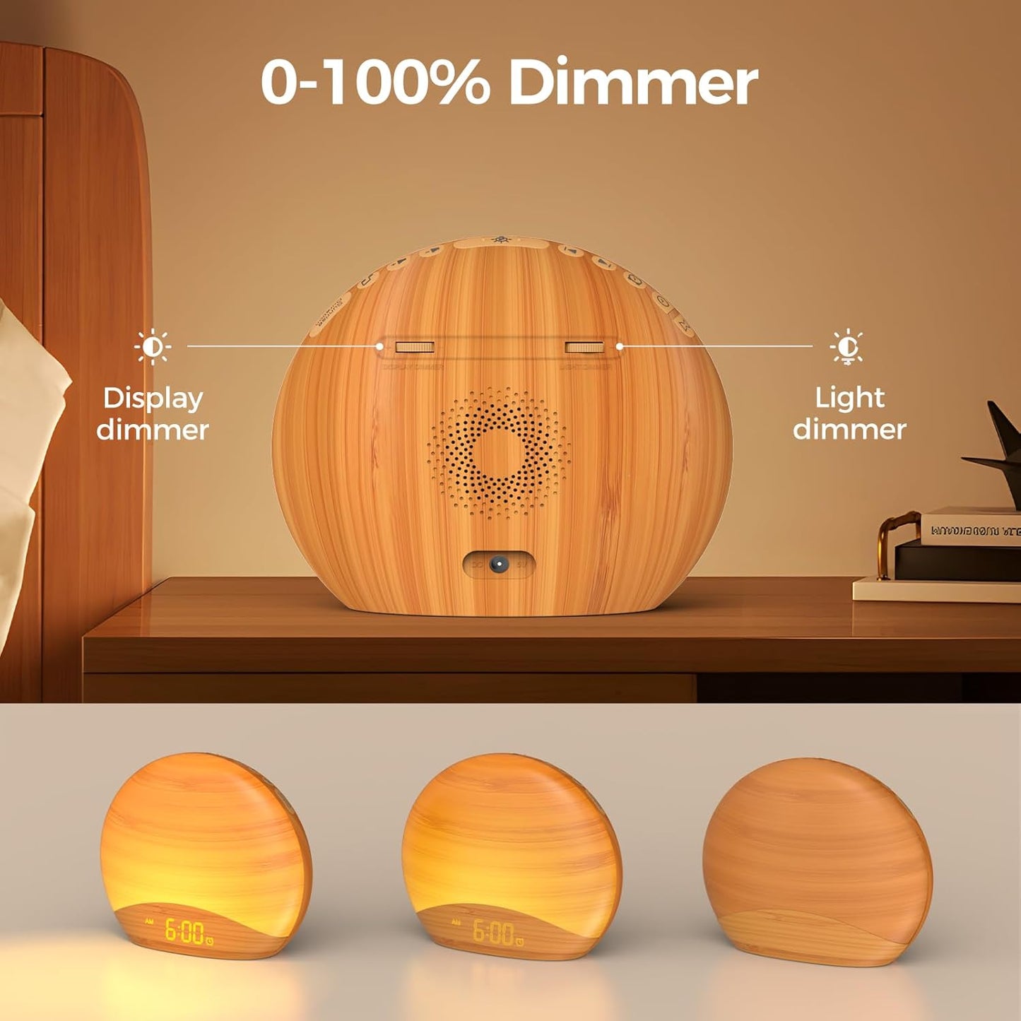 REACHER Wood Grain Sunrise Alarm Clock and Sound Machine Nightlight, Digital Dimmable Clock for Bedroom, 26 Sleep Sounds, White Noise Machine for Baby, Adults, Wake Up Light Alarm Clock for Kids