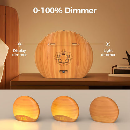REACHER Wood Grain Sunrise Alarm Clock and Sound Machine Nightlight, Digital Dimmable Clock for Bedroom, 26 Sleep Sounds, White Noise Machine for Baby, Adults, Wake Up Light Alarm Clock for Kids