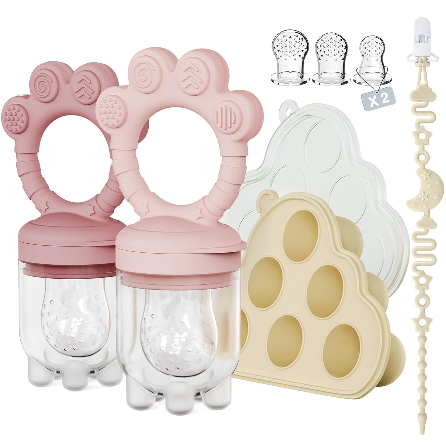 2 Pack Baby Fruit Food Feeder+Breastmilk Popsicle Molds,Baby Teethers,BPA Free,2mm Fine Holes to Prevent Choking,Perfect for Teething Relief & Infant Solid Food Introduction,3 M+（ Mauve Pink, Cream）