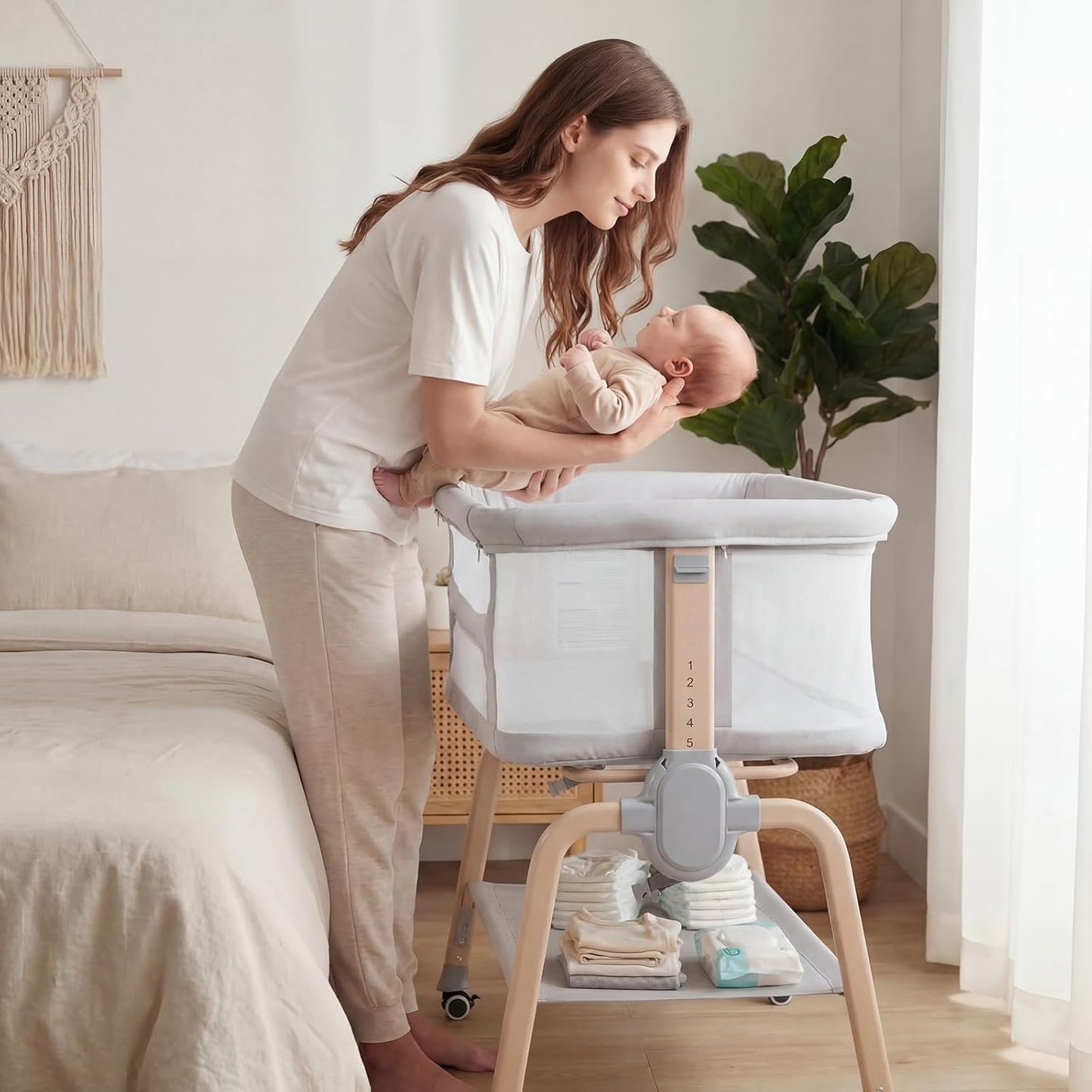 Cowiewie Bassinet Bedside Sleeper, Breathable Baby Bedside Bassinet and Mattress, Lightweight and Portable for Bedside Sleeping, Light Grey