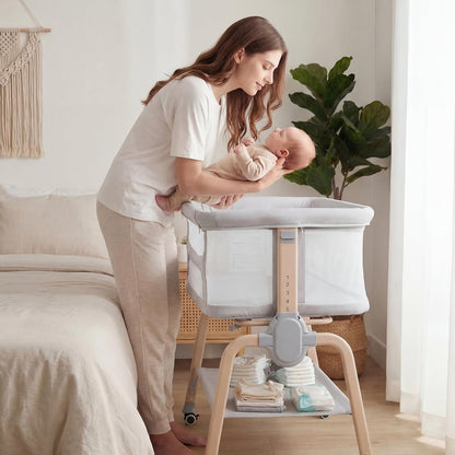 Cowiewie Bassinet Bedside Sleeper, Breathable Baby Bedside Bassinet and Mattress, Lightweight and Portable for Bedside Sleeping, Light Grey