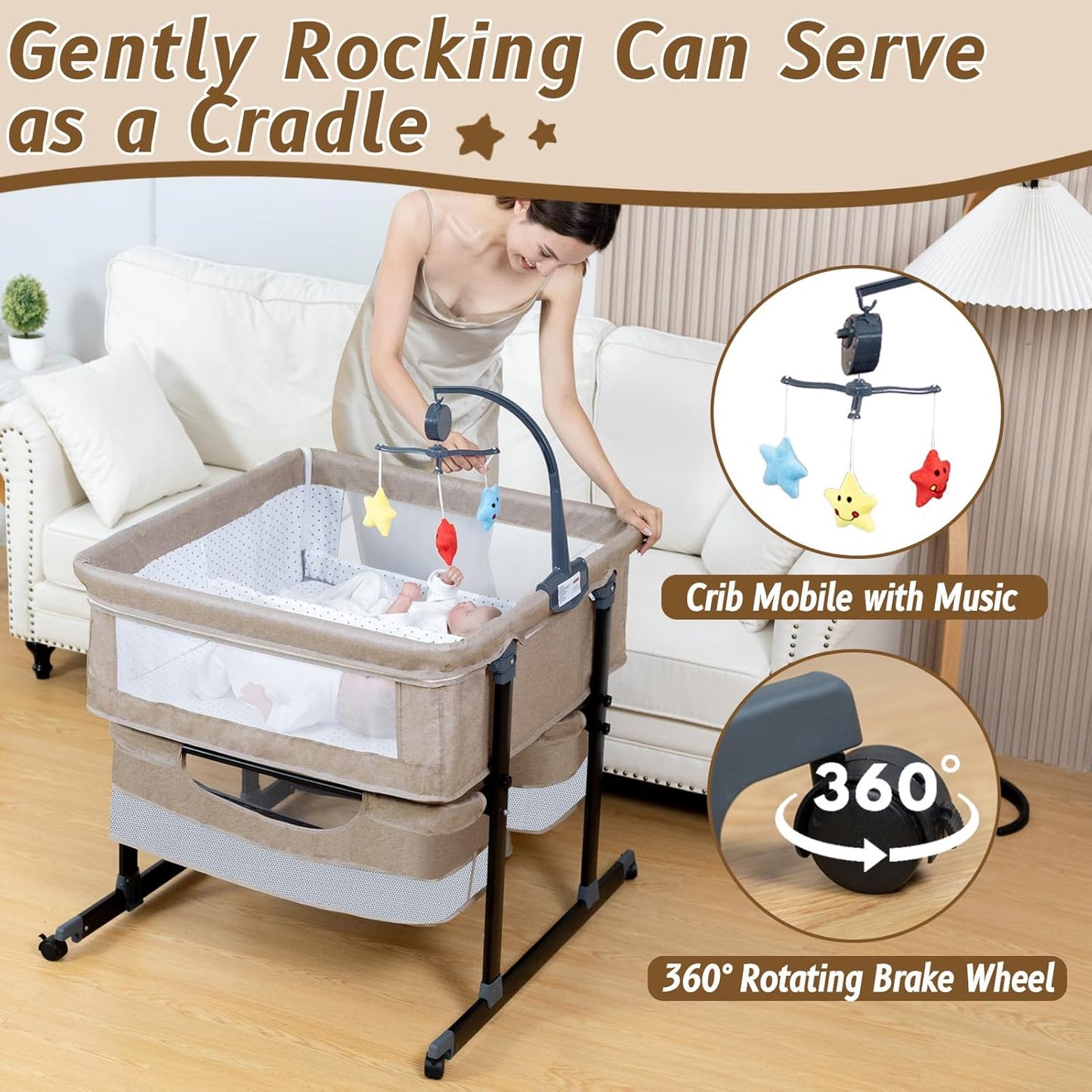 Twin Bassinet for 2 Babies, Double Bassinet for Twins with Music Toys, Mosquito Net & Storage Basket Portable Foldable Bedside Sleeper for Newborns, Grey | Side By Side Design, Independent Space, Small Space Fit, Safe Co Sleeping, Stable Frame