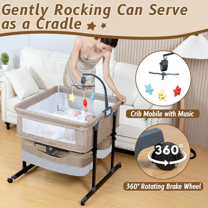 Twin Bassinet for 2 Babies, Double Bassinet for Twins with Music Toys, Mosquito Net & Storage Basket Portable Foldable Bedside Sleeper for Newborns, Grey | Side By Side Design, Independent Space, Small Space Fit, Safe Co Sleeping, Stable Frame