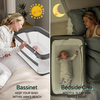 Cowiewie Bassinet Bedside Sleeper,Baby Bassinet Slides Over Bed,5-Position Height Adjustment & Breathable All-Mesh Wall Bedside Bassinet for Baby,Space-Saving Bedside Crib, Height(37.4-41.3") (Beige)