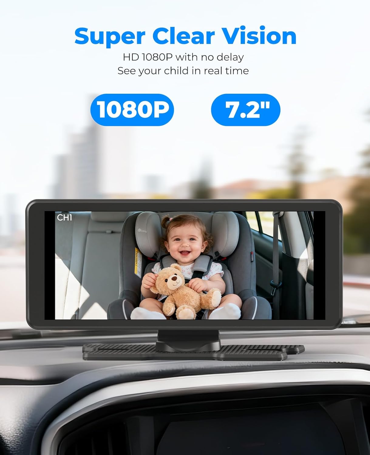 LUCKVIEW BM5PRO 7.2" Dual Camera Baby Monitor, 1080P HD Display for 2 Kids, Night Vision, Easy Install Car Baby Monitor, Ideal Gift, Rear Seat Safety for Babies & Pets