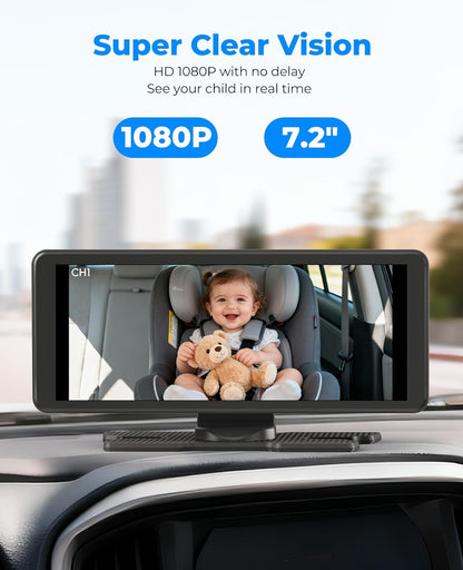 LUCKVIEW BM5PRO 7.2" Dual Camera Baby Monitor, 1080P HD Display for 2 Kids, Night Vision, Easy Install Car Baby Monitor, Ideal Gift, Rear Seat Safety for Babies & Pets