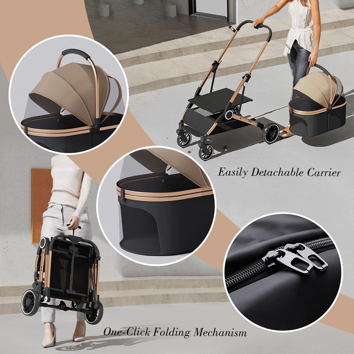 Premium Dog Stroller for Small & Medium Dogs, 6 in 1 Luxury Foldable Pet Stroller with Detachable Carrier, Travel Cat Stroller with 360° Rotating Wheels, Detachable Pet Car Seat, Black