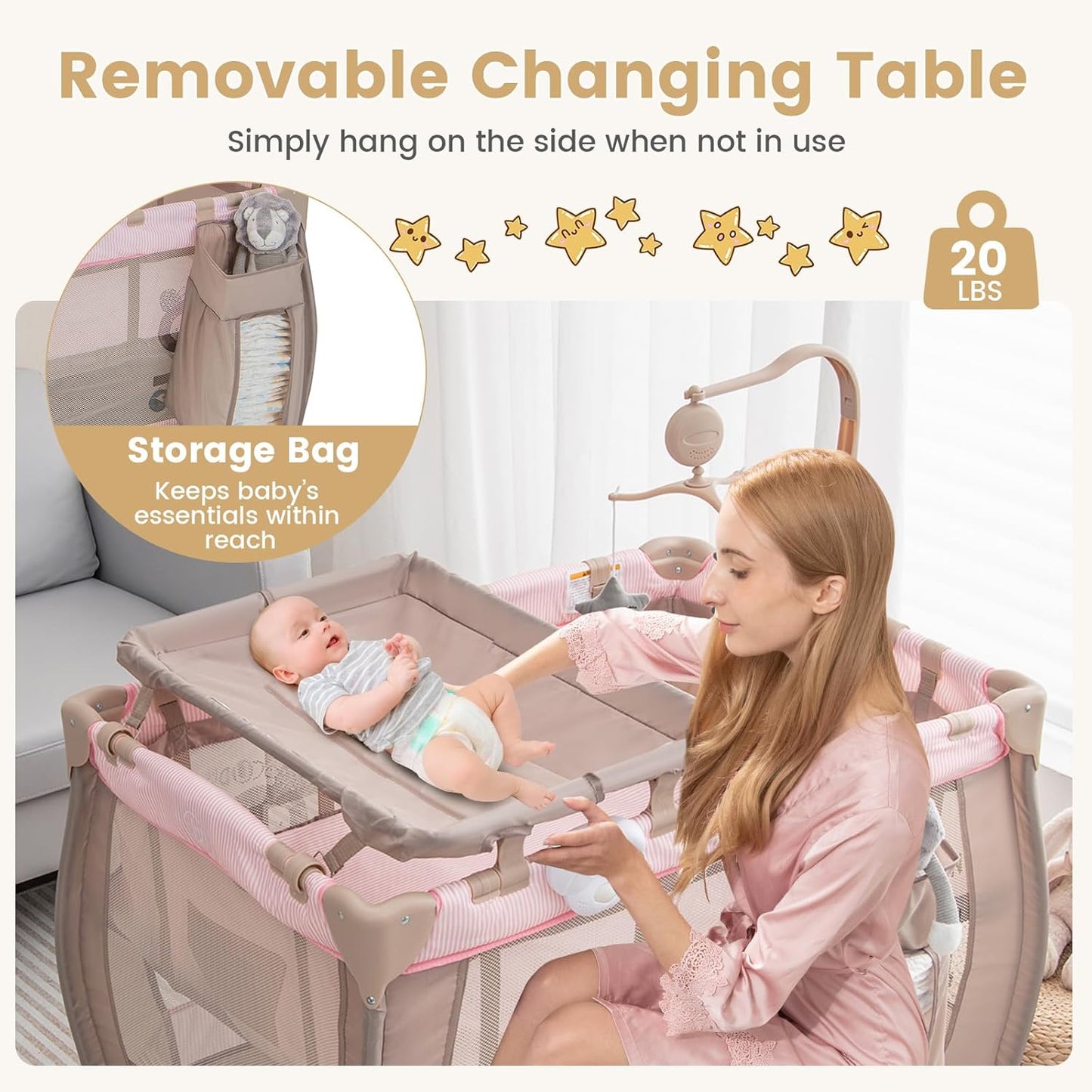 Costzon 3 in 1 Pack and Play with Bassinet, Portable Baby Playard with Changing Table, Music Box, Whirling Toys, Wheels/Brake, Basket, Foldable Infant Bassinet Crib for Baby Toddlers Indoor Outdoor