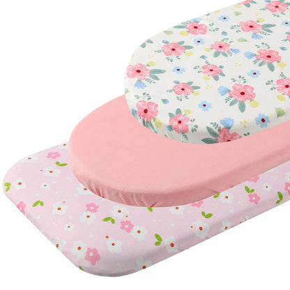 Onacosht Stretchy Bassinet Sheets 33" x 19" Compatible with Mika Micky, KoolaBaby (3 in 1), BabyBond, HARPPA and RICUTON Bedside Bassinet, 3 Pack for Baby Boy and Girl, Pink Floral