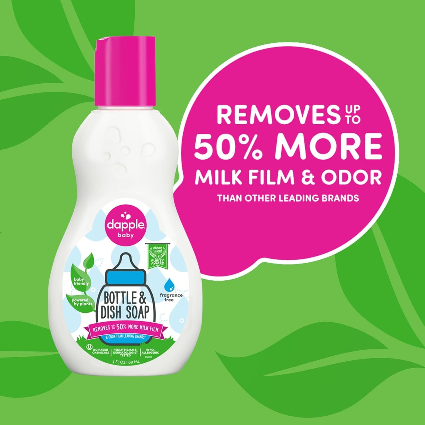 Dapple Baby Fragrance Free Bottle & Dish Soap - (3 Pack) 16.9 fl oz - Cleans Baby Bottles, Sippy Cups, Pacifiers, Breast Pumps, & More - Gently Removes Milk Film & Odors - Includes 1 Pump