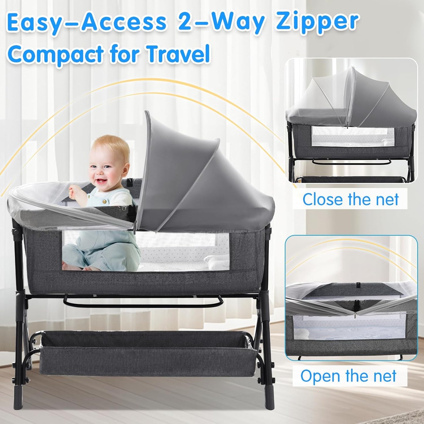 Bassinet Mosquito Net Cover - Half-Blackout Mosquito Net for Baby Crib & Bedside Sleeper, Breathable Crib net with 2-Way Zipper, Sun-Blocking Baby Mosquito Net Cover (Gray-Small)