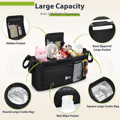 ZZM Parent Console Stroller Wagon Organizer Compatible with WONDERFOLD W2&W4&X, Jeep Deluxe Wrangler, EVER ADVANCED Wagon, Wagon Stroller Accessories with 2 Large Insulated Cup Holder(Empty Bag)