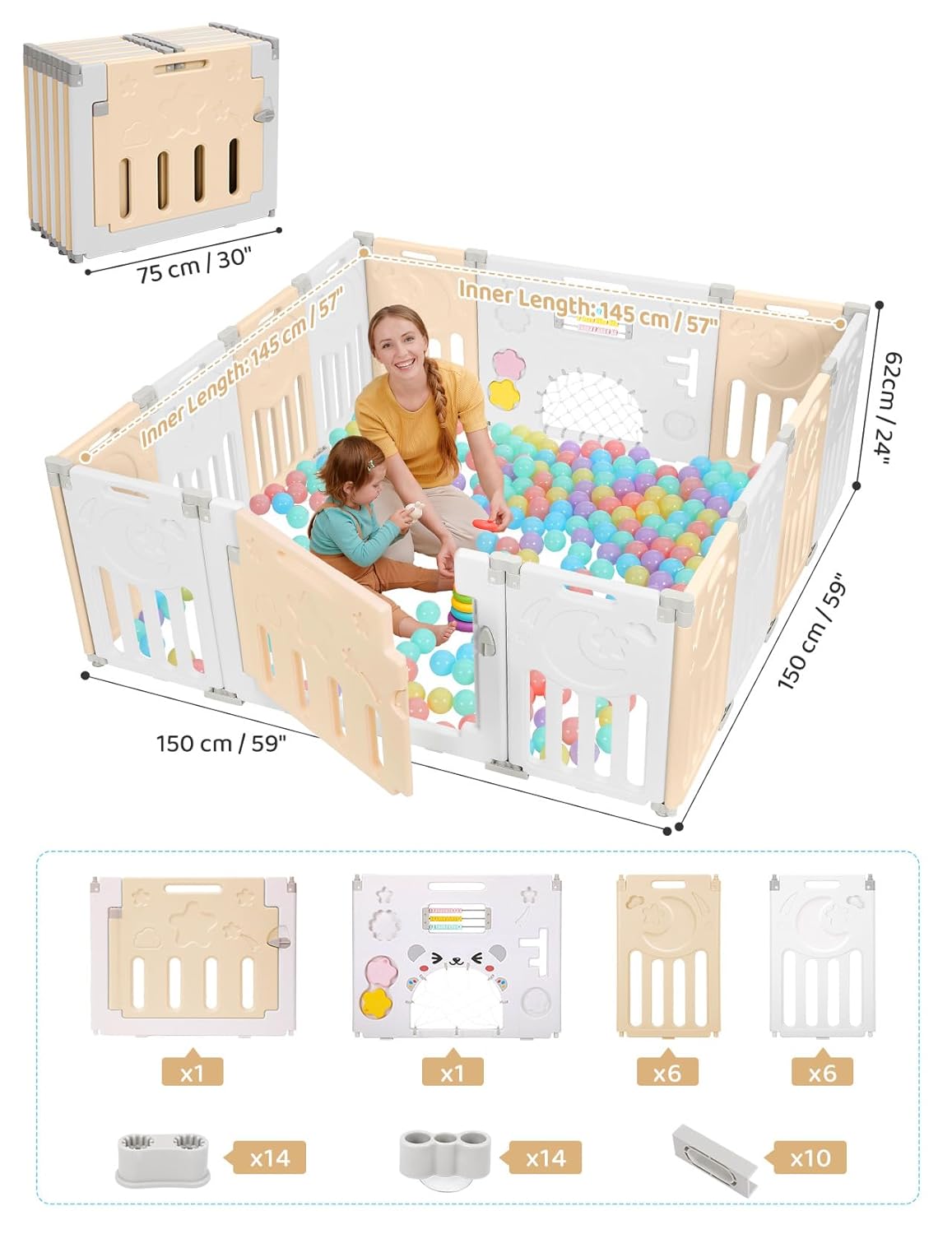 Baby Playpen, Dripex Baby Playard for Babies and Toddlers, 14-Panel Foldable Playpen Adjustable Portable Play Area, Indoor/Outdoor Kids Active Center with Game Panel & Safety Gate, Grey White