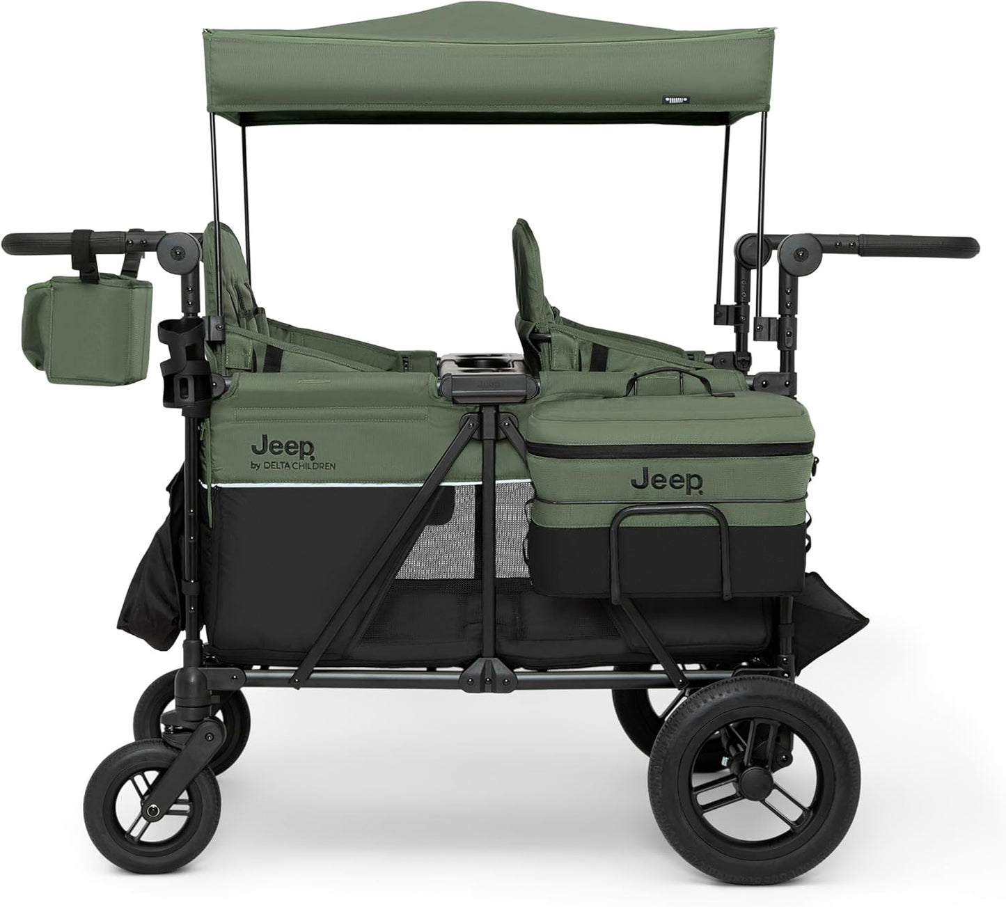 Jeep Wrangler Deluxe 4 Seater Stroller Wagon by Delta Children - Premium Quad Stroller Wagon for 4 Kids with Convertible Seats, Adjustable Push/Pull Handles, Removable Canopy & Flat Fold, Grey