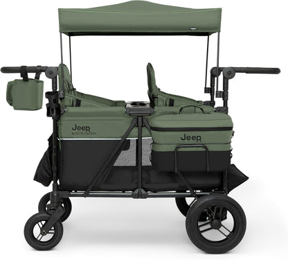 Jeep Wrangler Deluxe 4 Seater Stroller Wagon by Delta Children - Premium Quad Stroller Wagon for 4 Kids with Convertible Seats, Adjustable Push/Pull Handles, Removable Canopy & Flat Fold, Grey