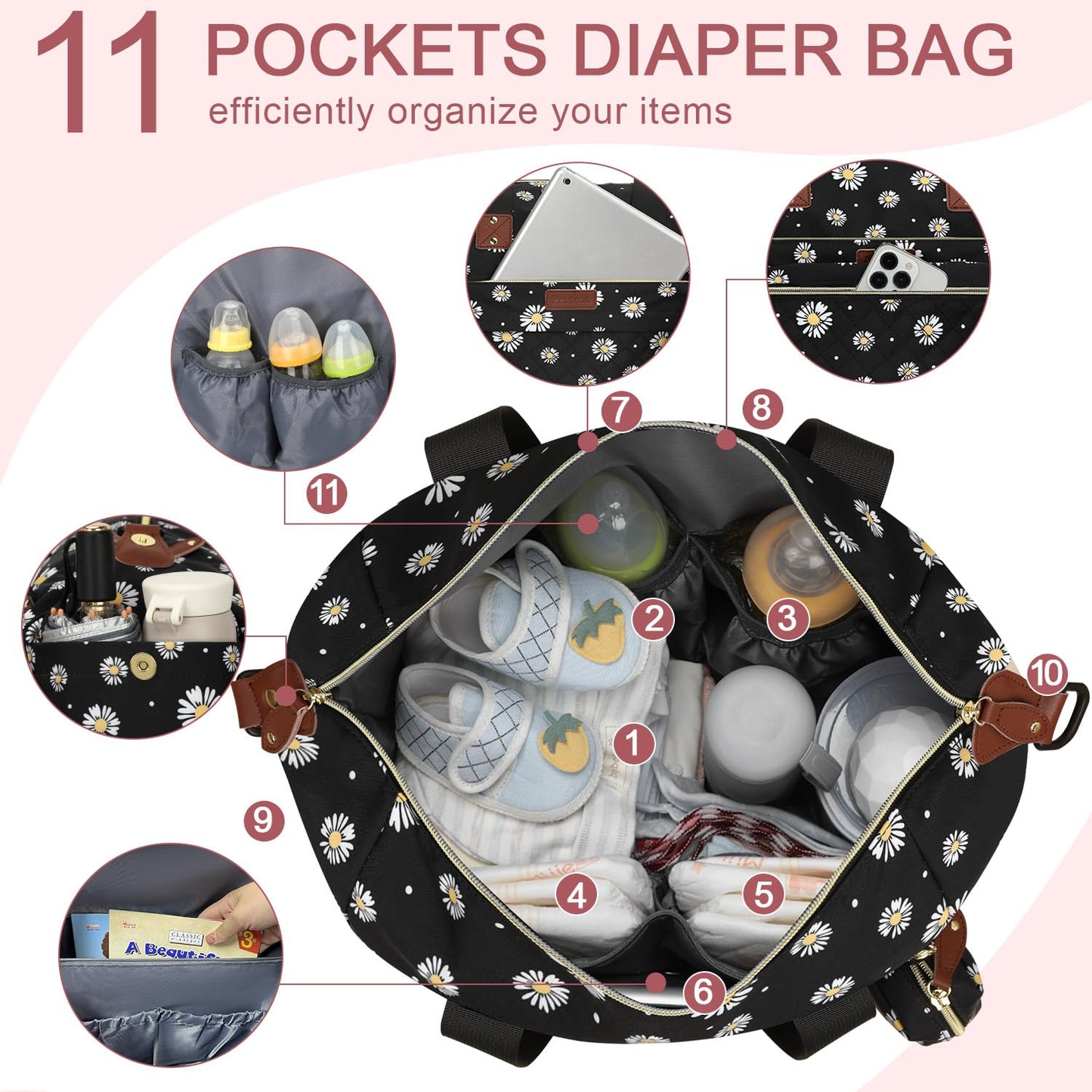 Pritent Diaper Bag Tote - Diaper Baby Bags with Pacifier Case, Shoulder Straps, Stroller Clips, Waterproof Large Mommy Maternity Travel Baby Bag for Mom and Dad, Green, Medium