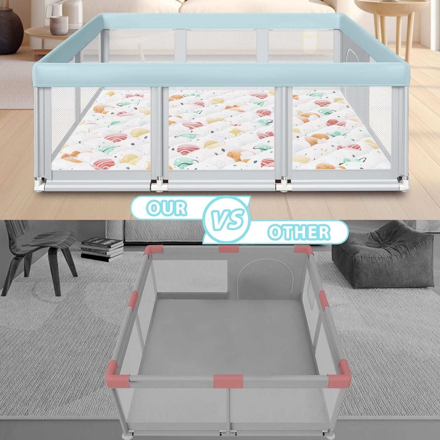 Fshibila 74" ×50" Large Baby Playpen, Baby Playard for Babies and Toddlers, Baby Fence Play Pens for Indoor & Outdoor, Sturdy Safety Play Yard with Soft Breathable Mesh, Anti-Fall, Grey