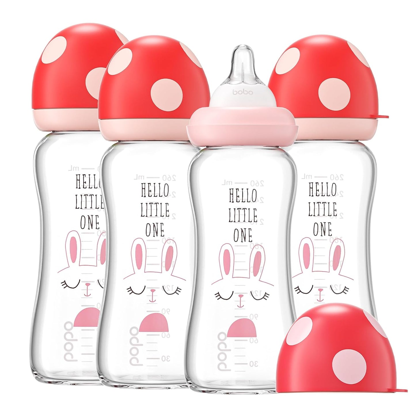 YOHKOH Natural Glass Baby Bottle with Level 1 Slow Flow Nipple, Newborn Anti-Colic Baby Bottles, Wide Neck Mushroom Baby Glass Bottle (Multicolour-A, 3.4oz (Pack of 4))