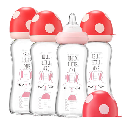 YOHKOH Natural Glass Baby Bottle with Level 1 Slow Flow Nipple, Newborn Anti-Colic Baby Bottles, Wide Neck Mushroom Baby Glass Bottle (Multicolour-A, 3.4oz (Pack of 4))