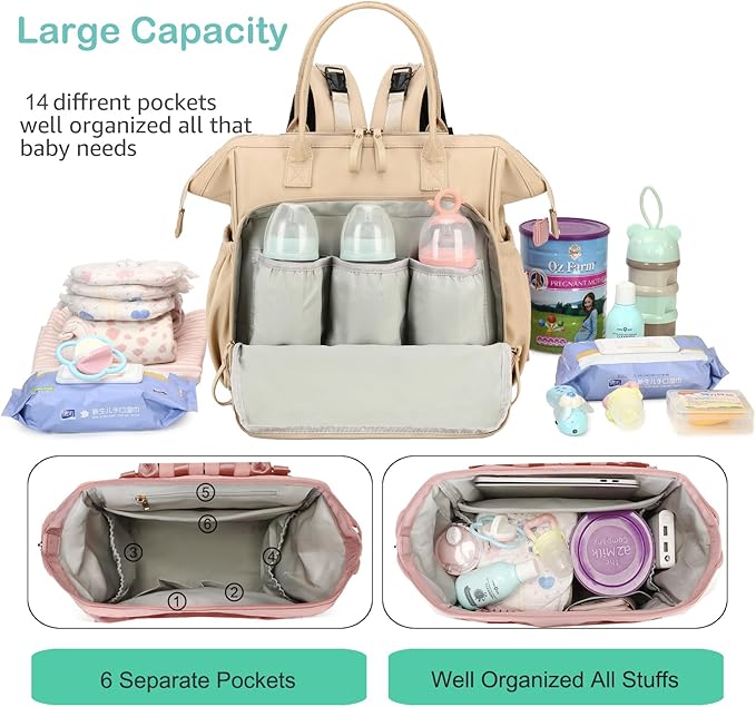 LORADI Large Diaper Bag Tote, 14 Pockets Stylish Baby Bag with Stroller Clips and 3 Insulated Pockets, Baby Shower Essentials