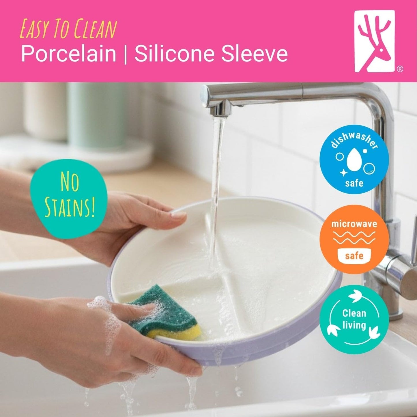 Elk and Friends Kids 6.7” Porcelain Divided Plates with Silicone Suction Sleeves + Silicone Lids | Suitable for Babies/Kids/Toddlers | Microwave & Dishwasher Safe | Non Slip | Snack Dishes | 4 Pack