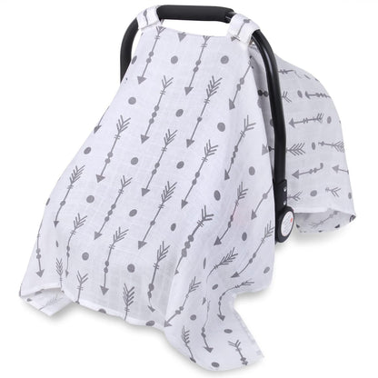 Rquite Car Seat Cover Baby for Girls Boys, 100% Muslin Cotton Infant Carseat Canopy, Soft Breathable Stroller Sun Shade & Newborn Shower Gift, Large Size Universal Fit Summer, Hot & Warm Weather