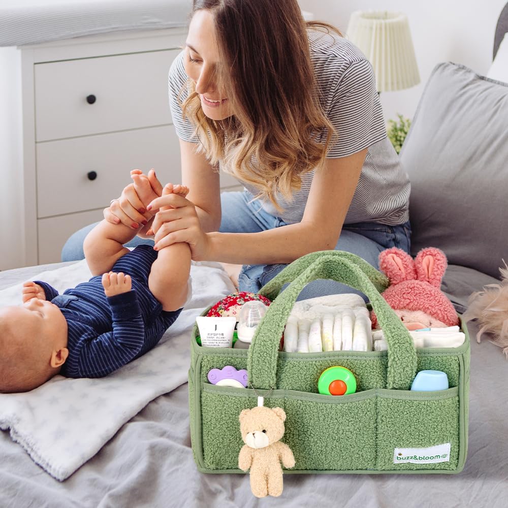 Buzz&Bloom Baby Teddy Diaper Caddy Organizer, Stylish Storage Basket for Newborn Essentials and Diaper Station, Gift for Baby Shower and Registry Must-Have (Beige)