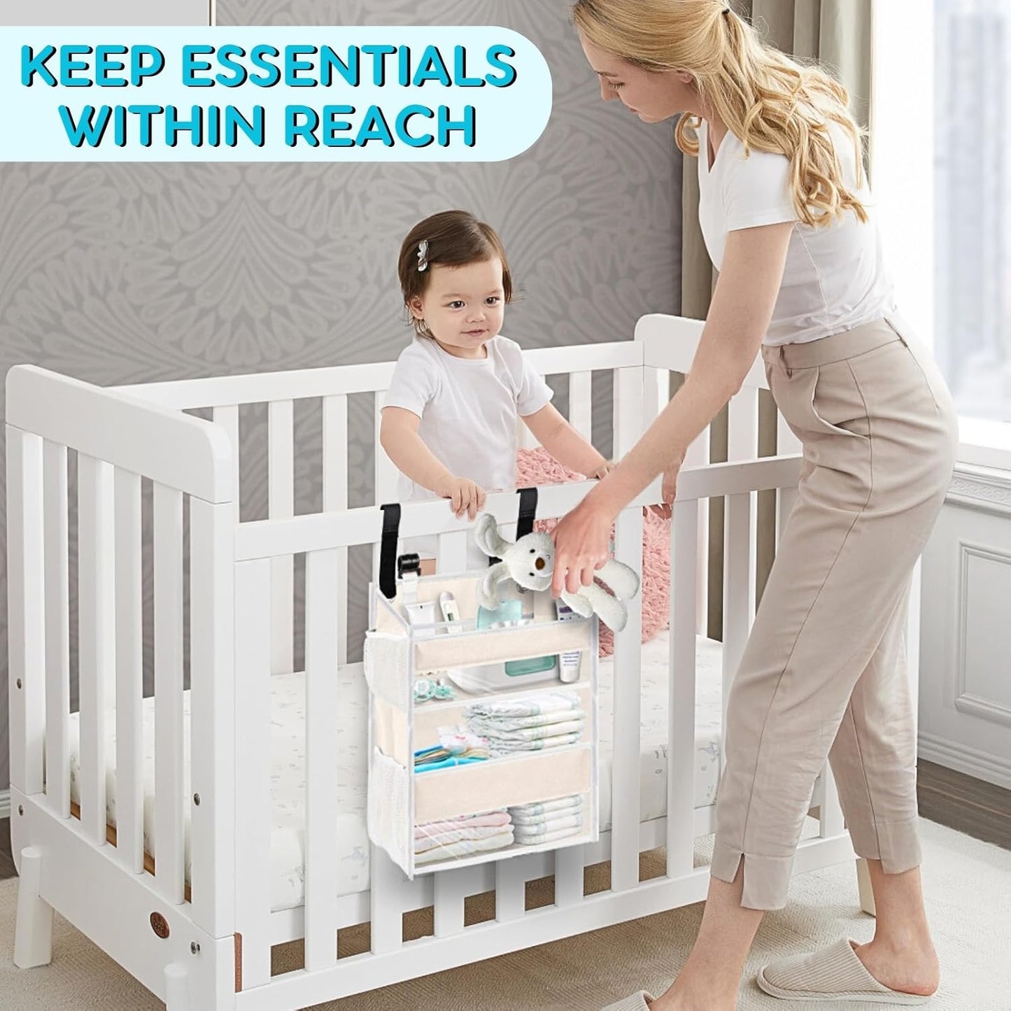 Ofiray-home Hanging Diaper Organizer for Changing Table,Cribs,Car,Playard or Wall & Nursery Organization-Durable 2-Tier Diaper Organizer with Mesh Pockets and Viewable Design, Won't Deform, Light Gray