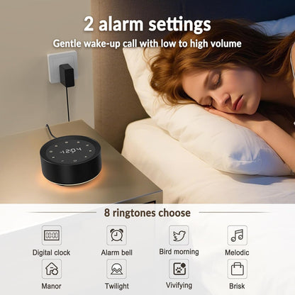 White Noise Machine with Alarm Clock & Night Light for Babies and Adults, 20 Soothing Sounds, Glare-Free Upward Display, Touch Control, Memory Function, 5 Sleep Timers, Black