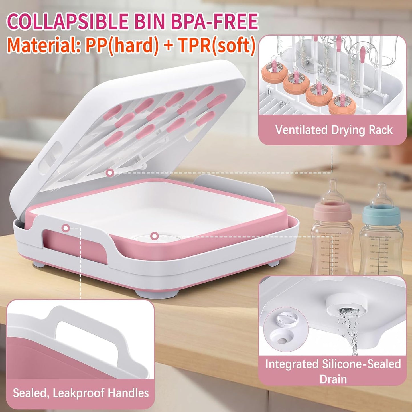 Yecuip Collapsible Wash Basin for Baby Bottles with Drying Rack – 2.4 Gallon Foldable Dish Tub with Handles, Portable RV Camping Sink & Space-Saving Wash Bin with Lid for Kitchen, Travel & Outdoor