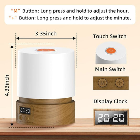 Nursery Night Light with Clock for Kids, Touch Lamp Bedside Desk Lamp, Portable Breastfeeding Night Lamp for Baby, 3 Color Stepless Dimming Up for Restaurant,Bedroom,Rechargeable (Wood Grain)