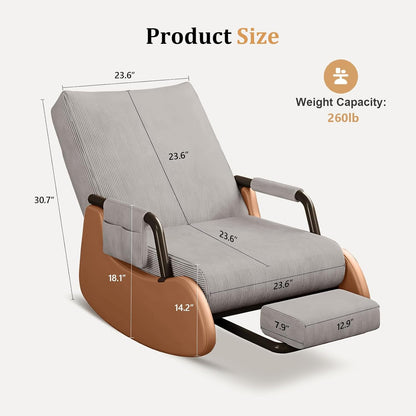 JPBSTO Rocking Chair Nursery, Upholstered Glider Rocking Chair with Side Pocket and Adjustable High Backrest, Comfortable Rocker Recliner with Footrest Perfect for Living Room Bedroom, Beige