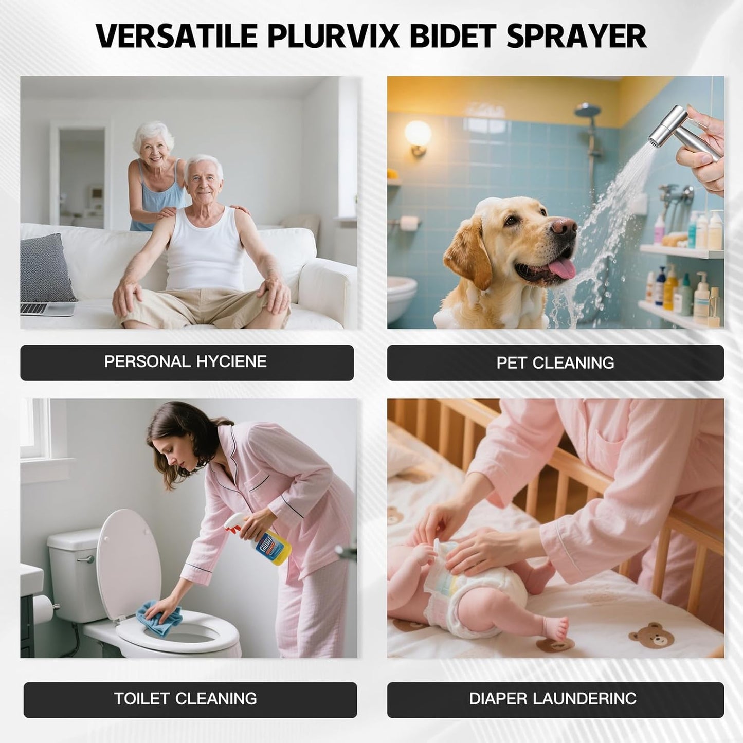 Handheld Toilet Bidet Sprayer — Adjustable Water Pressure, with Hose, Feminine & Pet Wash Kit, Bathroom Hygiene Attachment for Cloth Diaper Cleaning (Quick Install, Stainless Steel)