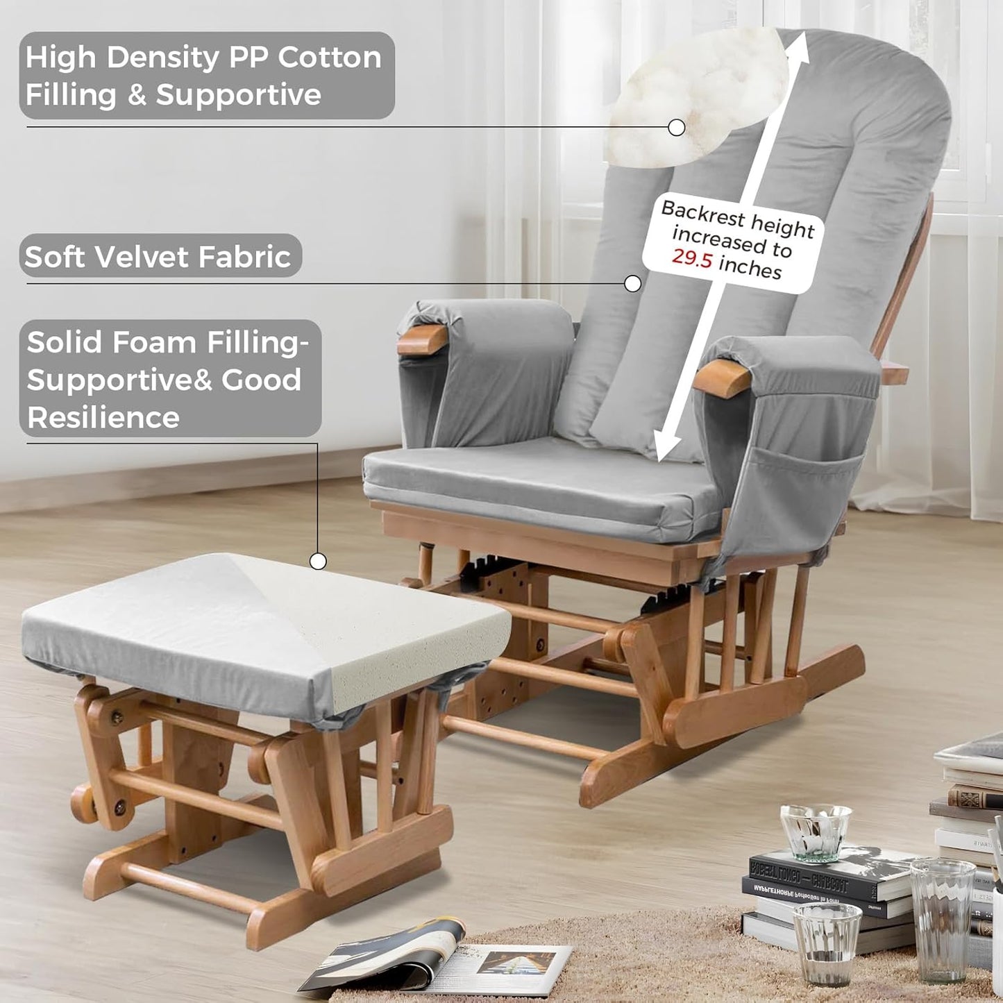 5PCS Suede Glider Rocker Replacement Cushions with 29.5" High Backrest & Side Pockets, Thickened Soft Glider Rocking Chair Cushions with Ottoman Cushion for Indoor Nursery Rocking Chair, Green