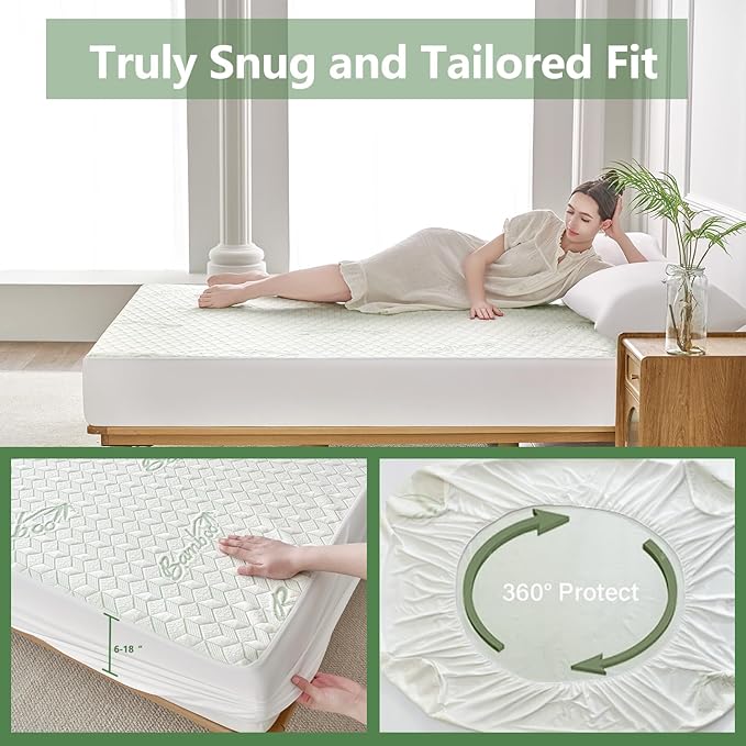 Twin XL Waterproof Mattress Protector Washable Mattress Padded Cover Rayon Bamboo Fitted Bed Protection Noiseless Plastic Back School Bed Pad Deep Pocket Up 18“ Soft&Breathable for College Dorm
