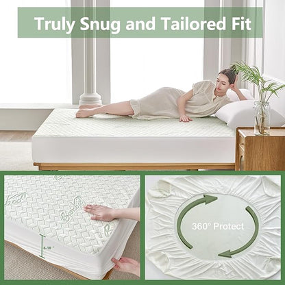 Queen Waterproof Mattress Protector Washable Mattress Padded Cover Rayon Bamboo Fitted Queen Size Bed Protection Noiseless Plastic Bed Pad Deep Pocket Up 18“ Soft&Breathable